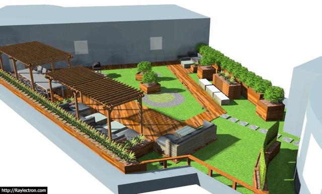 Vöröskő Kft – Euronics tetőterasz építés magaságyásokkal és pergolával