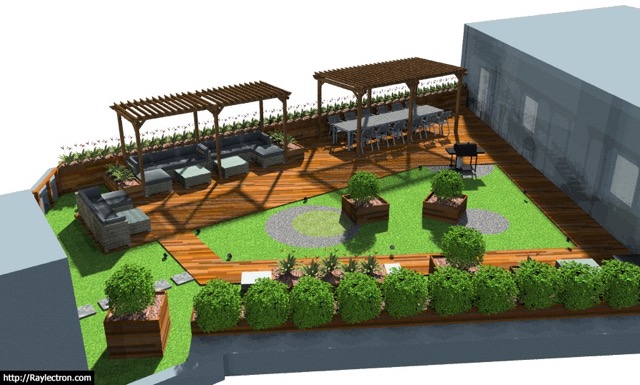 Vöröskő Kft – Euronics tetőterasz építés magaságyásokkal és pergolával